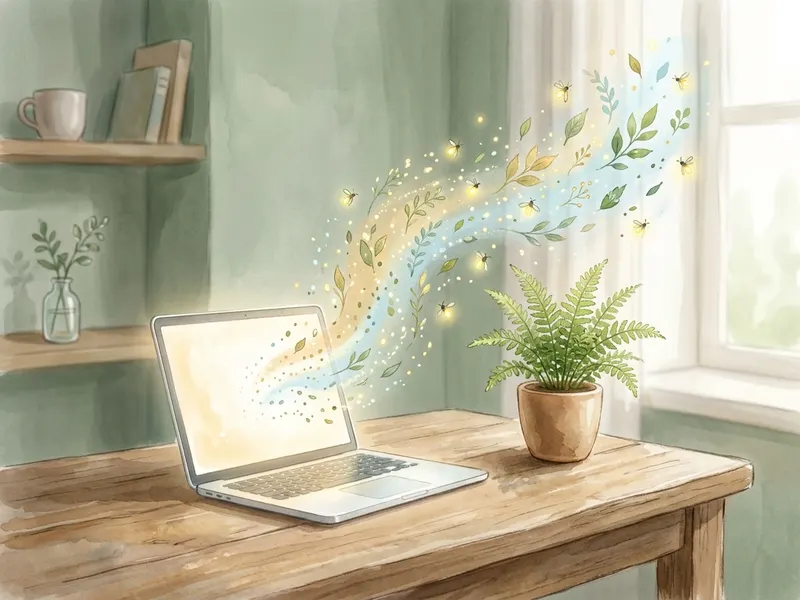 Chiếc máy tính nhỏ trên bàn gỗ, ánh sáng từ màn hình hoá thành lá và đom đóm